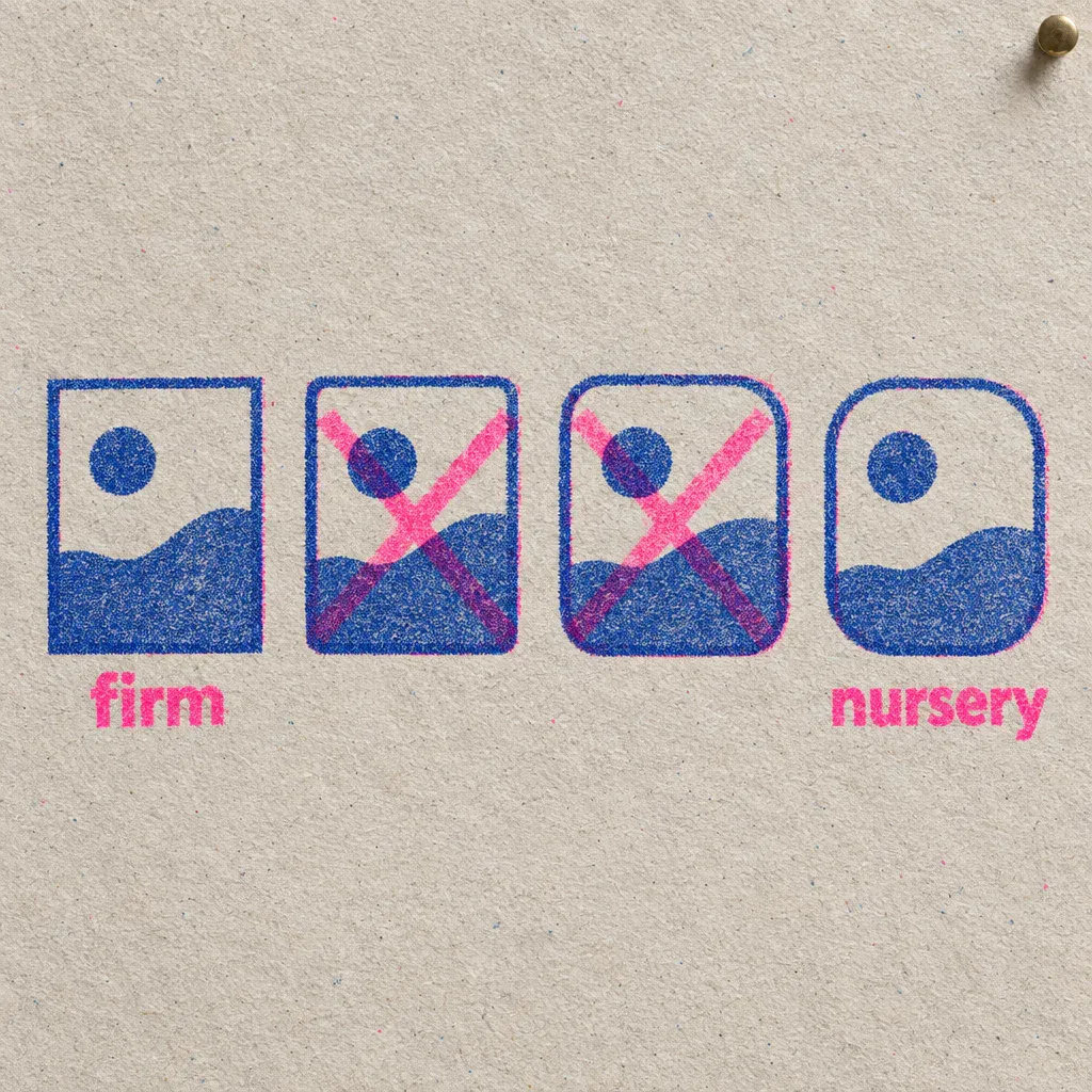 A two colour risograph print of the same card four times with growing corner radii, the square one marked firm, the roundest marked nursery, the two between crossed out in pink