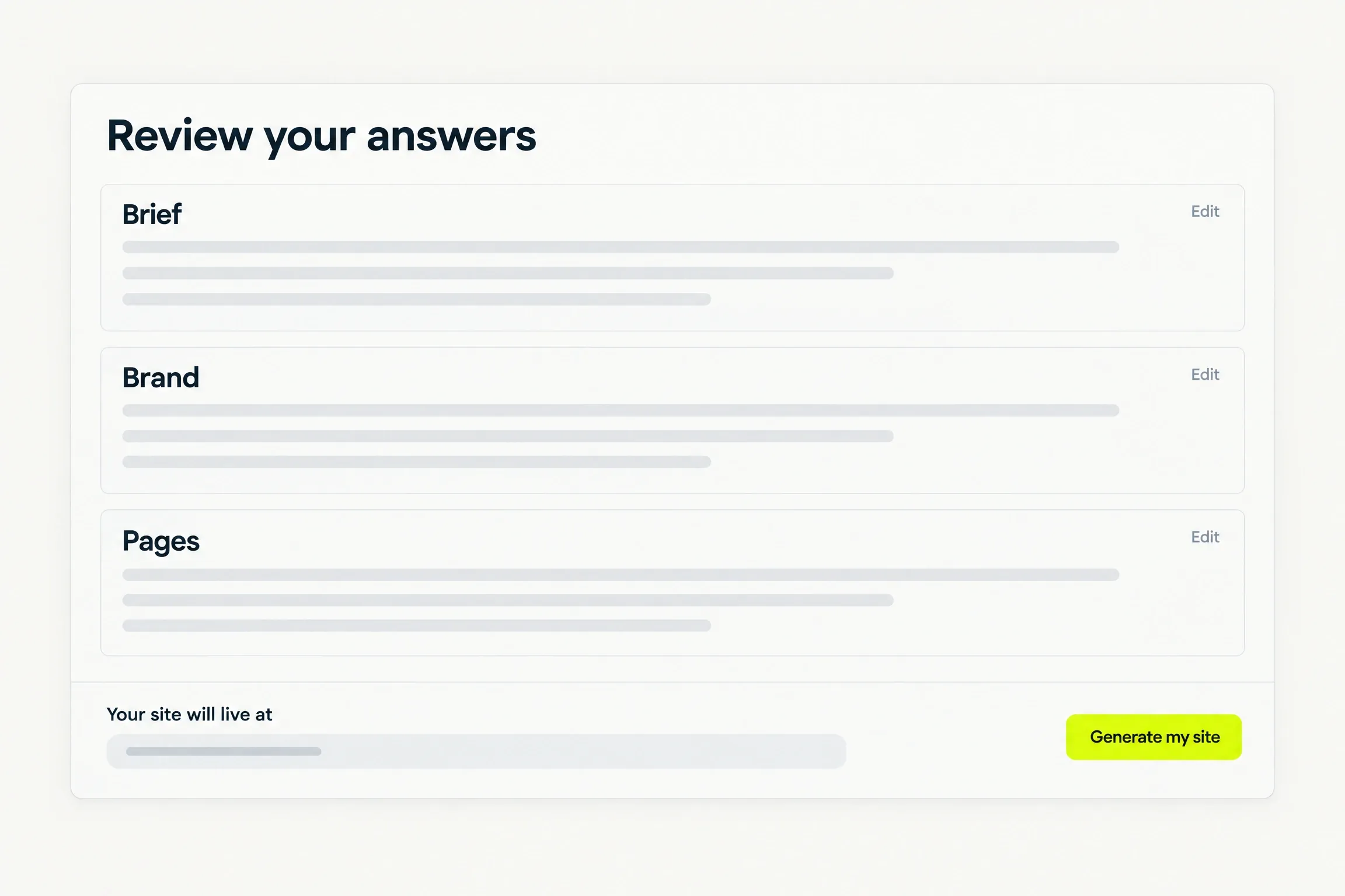 The final intake step, Review your answers: the Brief, Brand and Pages groups each with an Edit link, the line “Your site will live at” above an address bar, and a yellow Generate my site button