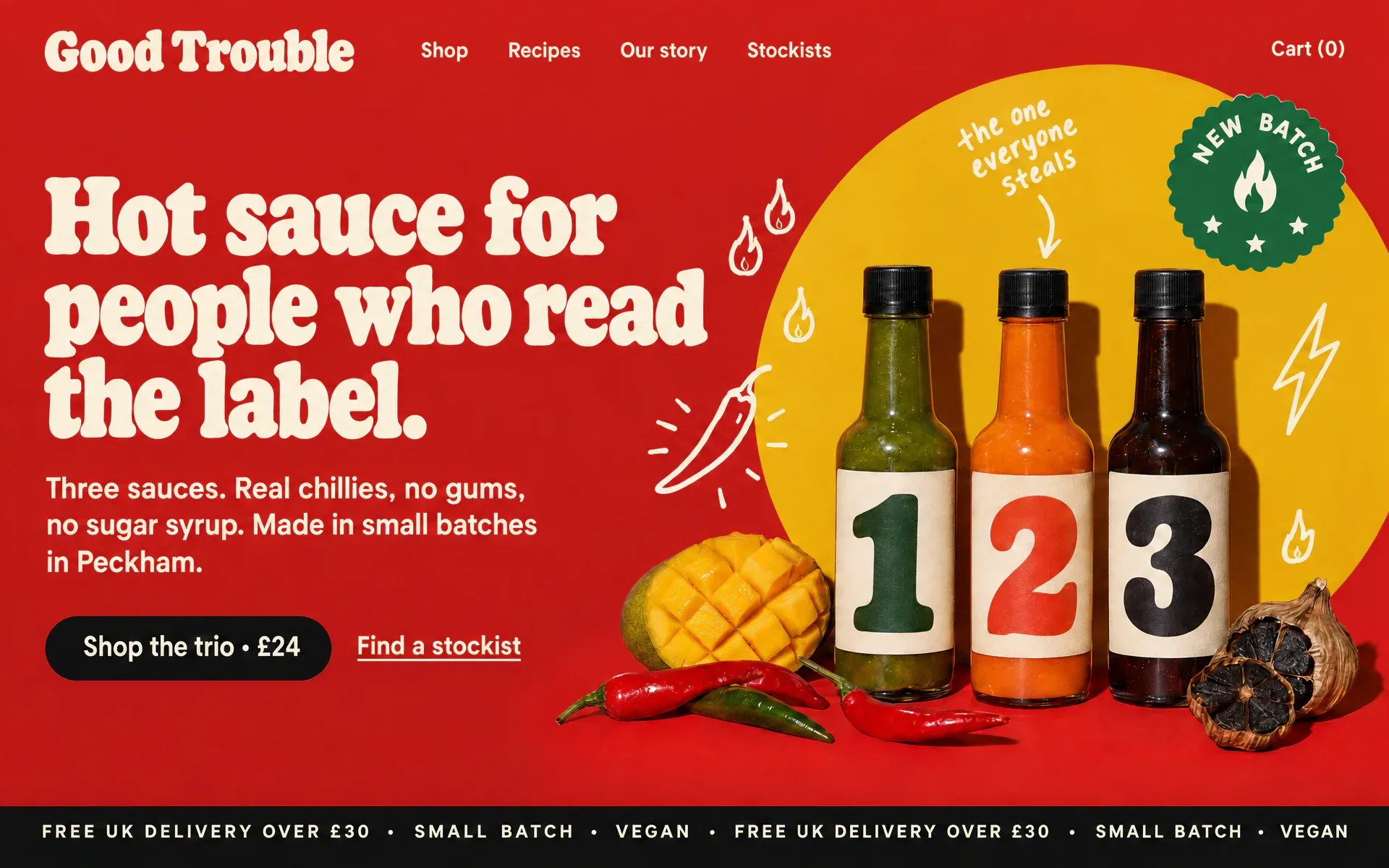 A hot sauce site in chilli red and mustard: three bottles labelled 1, 2 and 3 under hard flash, a fat cream serif headline and hand-drawn flames