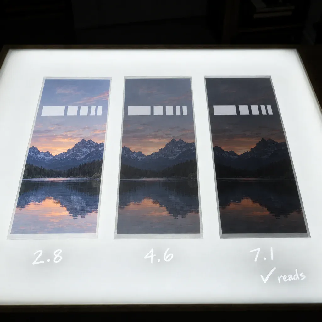 Three acetate strips on a light table, the same lake photograph under three darker overlays, contrast ratios written beside each and the third ticked and marked reads