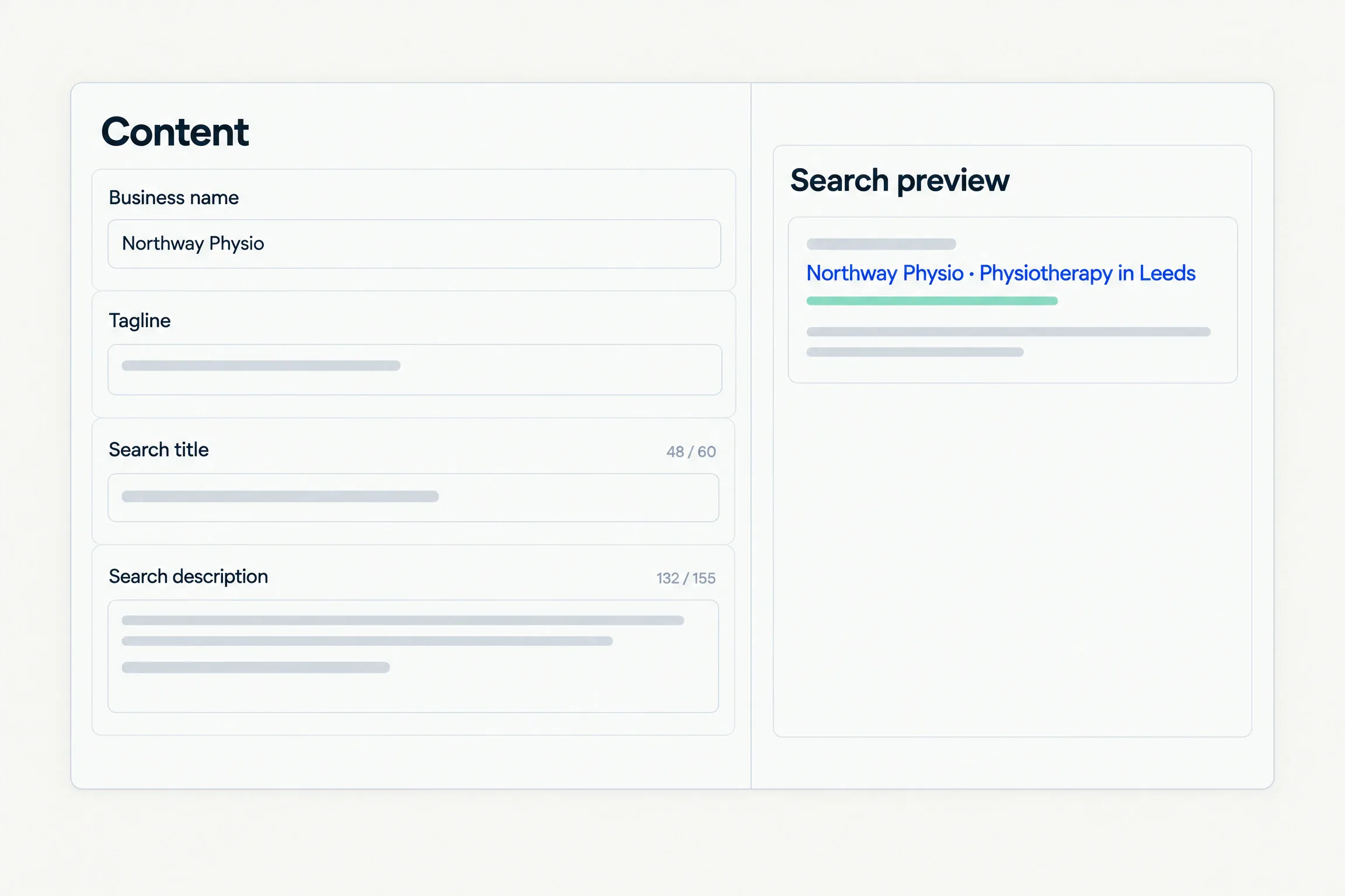 The Content screen: business name, tagline, search title and description with counters, and a search preview
