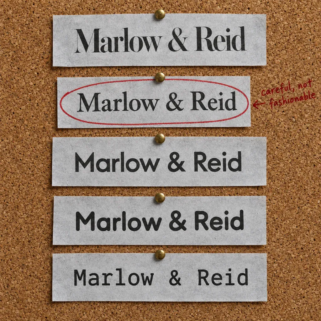 Five photocopied strips pinned to a cork board, each setting Marlow and Reid in a different typeface, the old style serif circled in red and marked careful, not fashionable