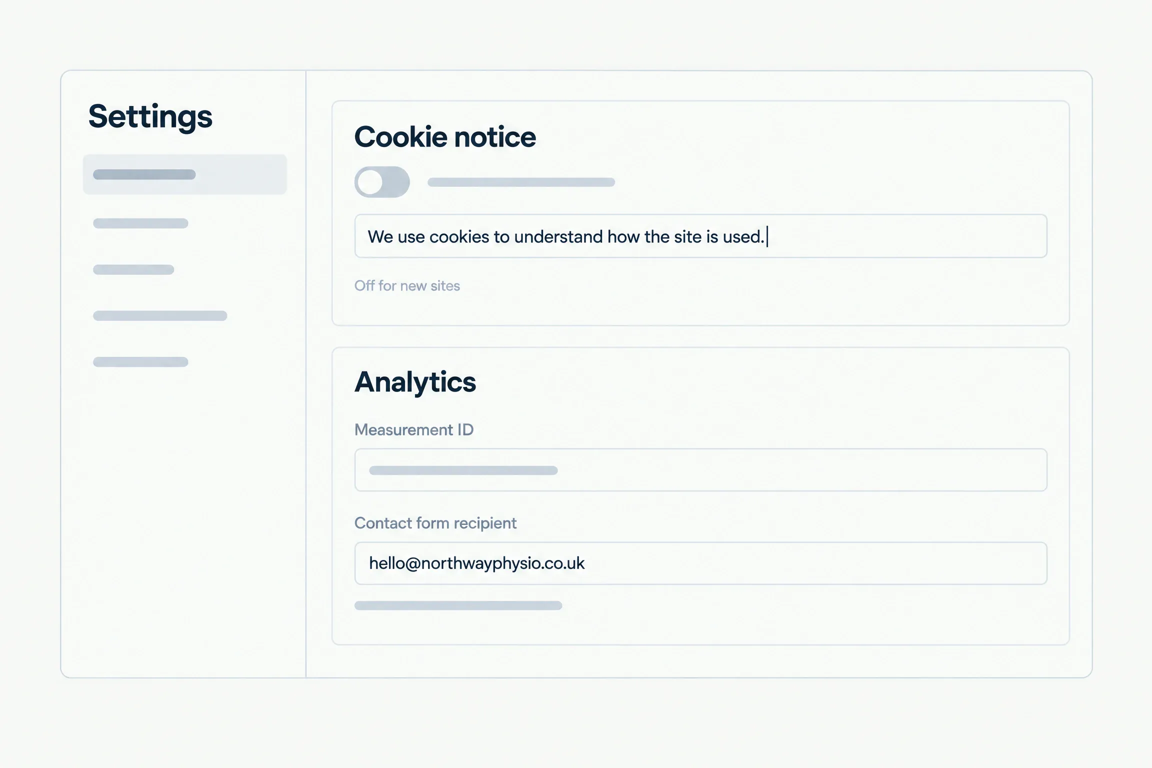Settings: a cookie notice toggle with editable wording, an analytics measurement ID and the contact form recipient