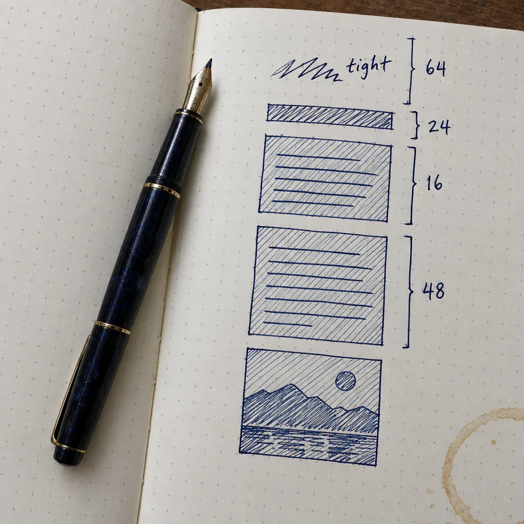A dot grid notebook page with a section sketched as hatched blocks, the gaps bracketed and numbered in fountain pen, the gap above the heading marked tight and rebracketed at 64