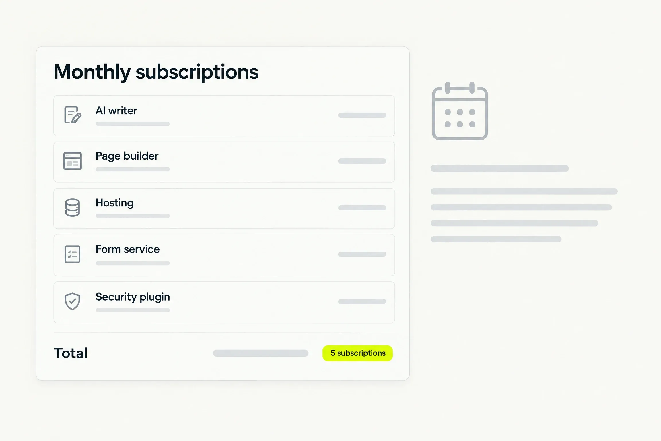 A Monthly subscriptions ledger: AI writer, Page builder, Hosting, Form service and Security plugin, each with a price placeholder, and a Total row with a badge reading 5 subscriptions