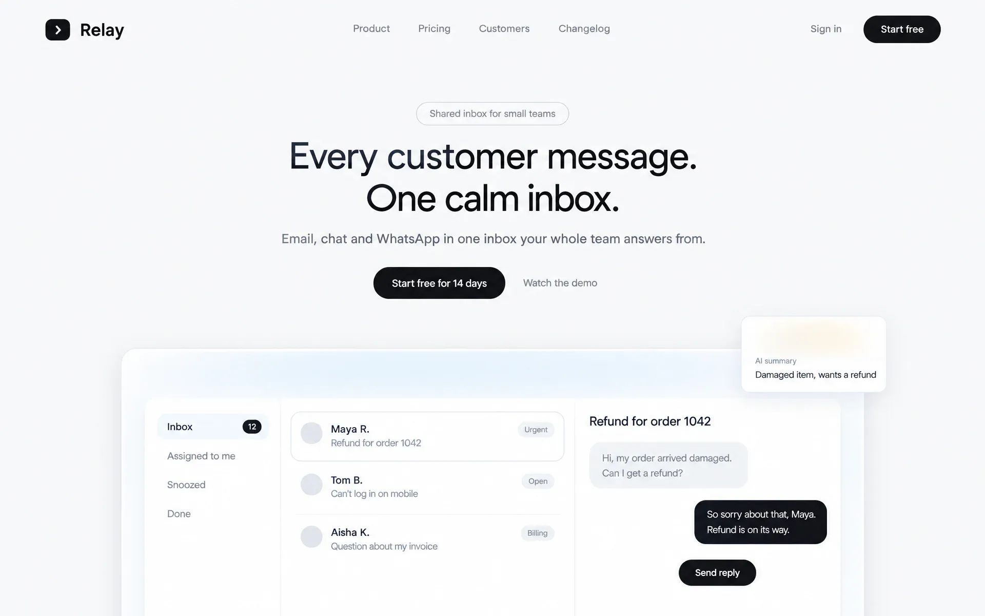 A software startup site on near-white: a calm centred headline, black pill buttons and a support inbox in a white card lit by a pale blue glow