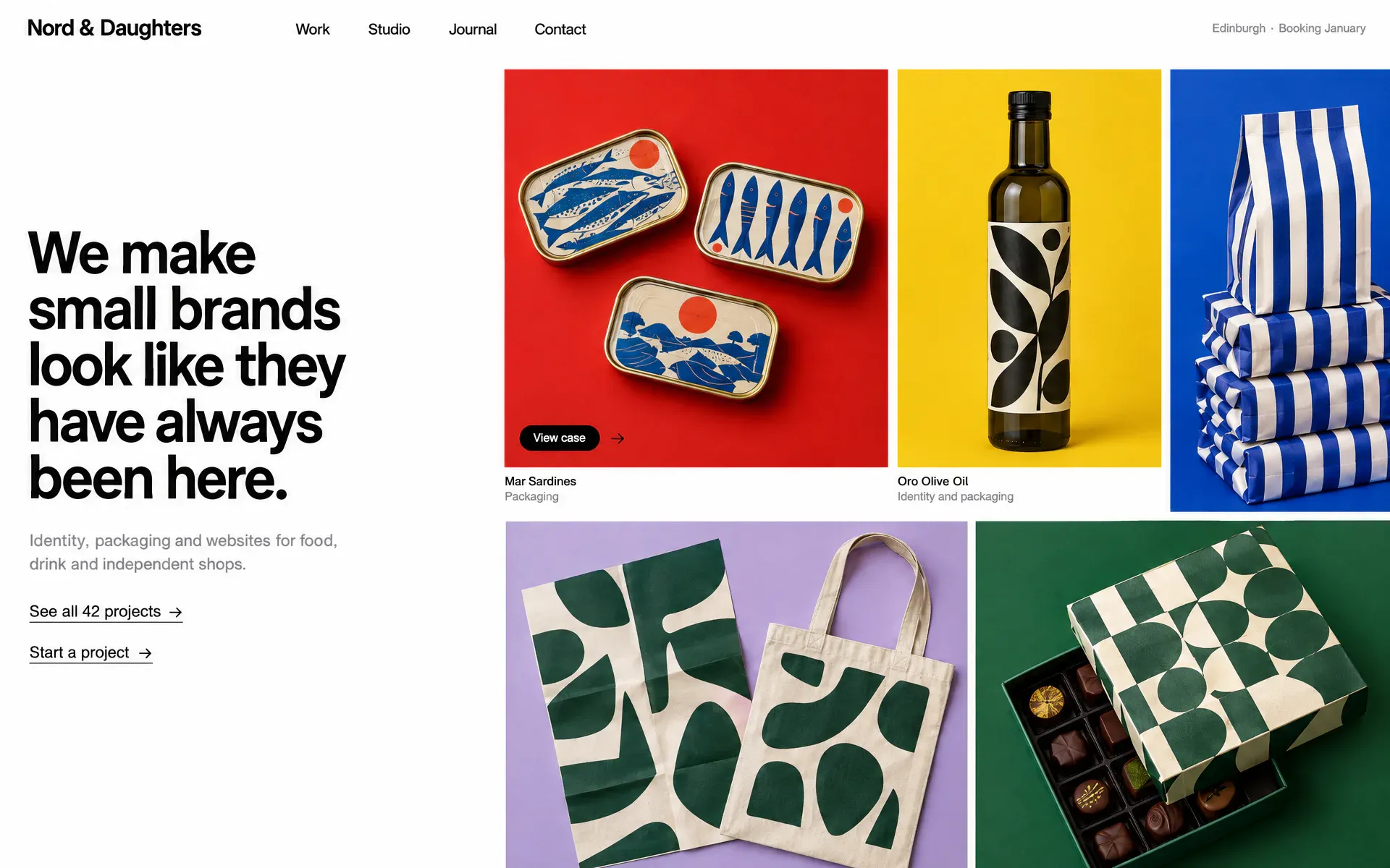 A design studio site in black on white: a statement at the left and a wall of five packaging projects on red, yellow, blue, lilac and green running off the edge