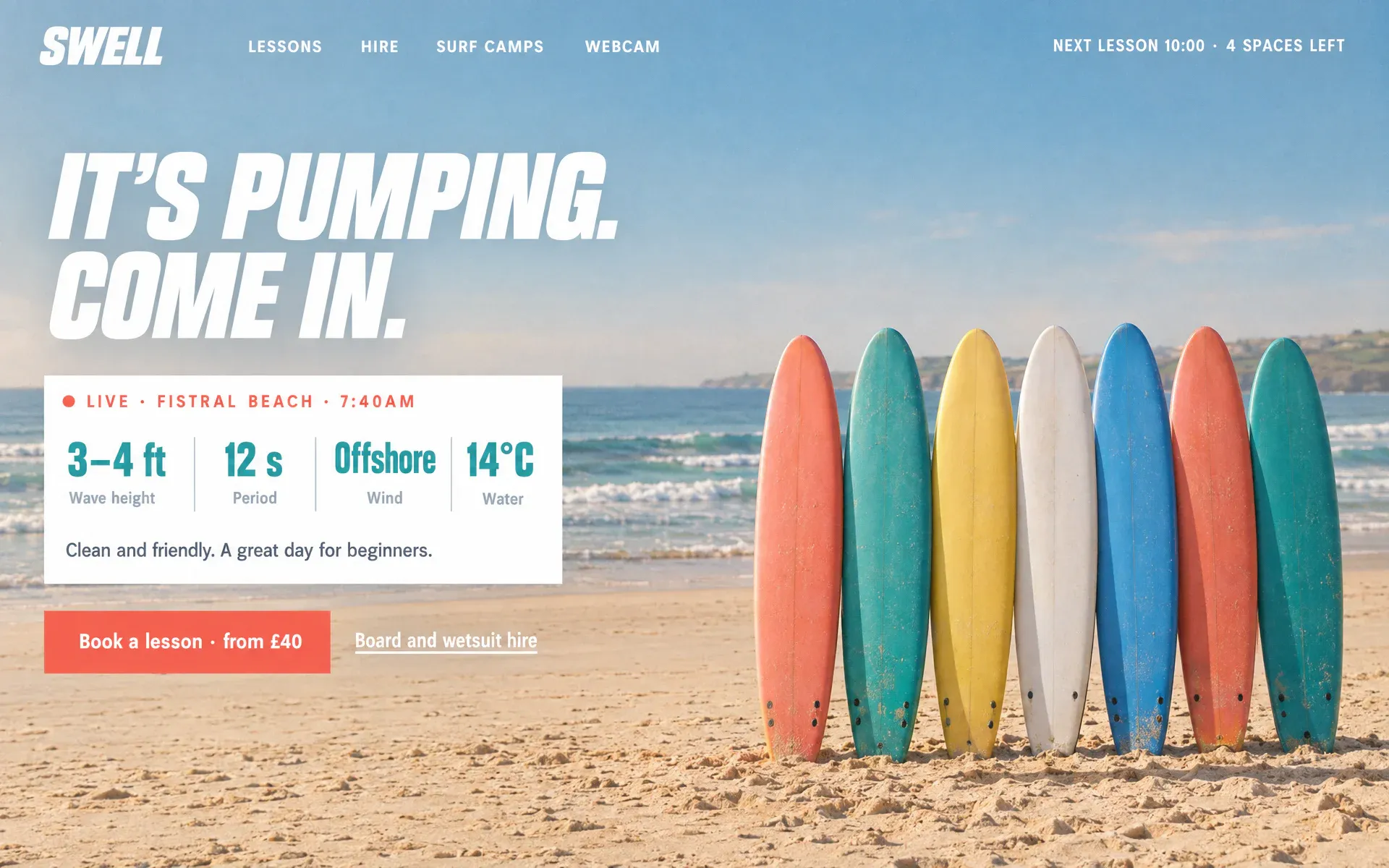 A surf school site: a live surf report card over a sun-faded beach, with a row of coloured boards standing in the sand