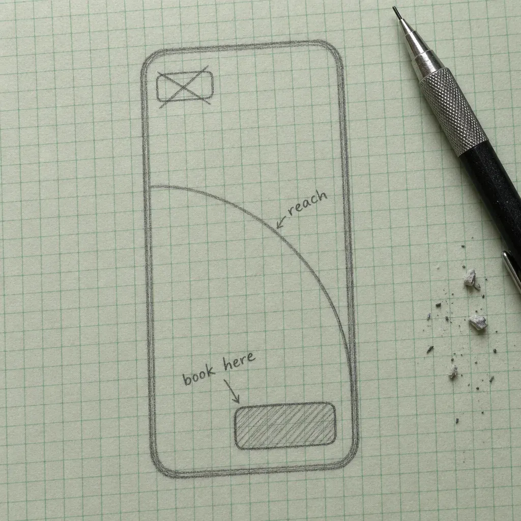 A pencil outline of a phone on graph paper with an arc marked reach swept from the bottom corner, a hatched button inside it marked book here and a crossed out button at the top