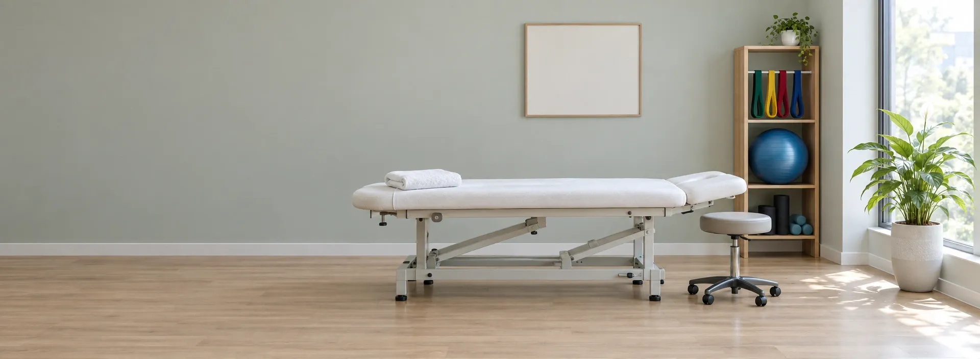 A quiet physiotherapy treatment room: a padded couch with a folded towel, a stool beside it, resistance bands and an exercise ball on a shelf, and daylight from a tall window
