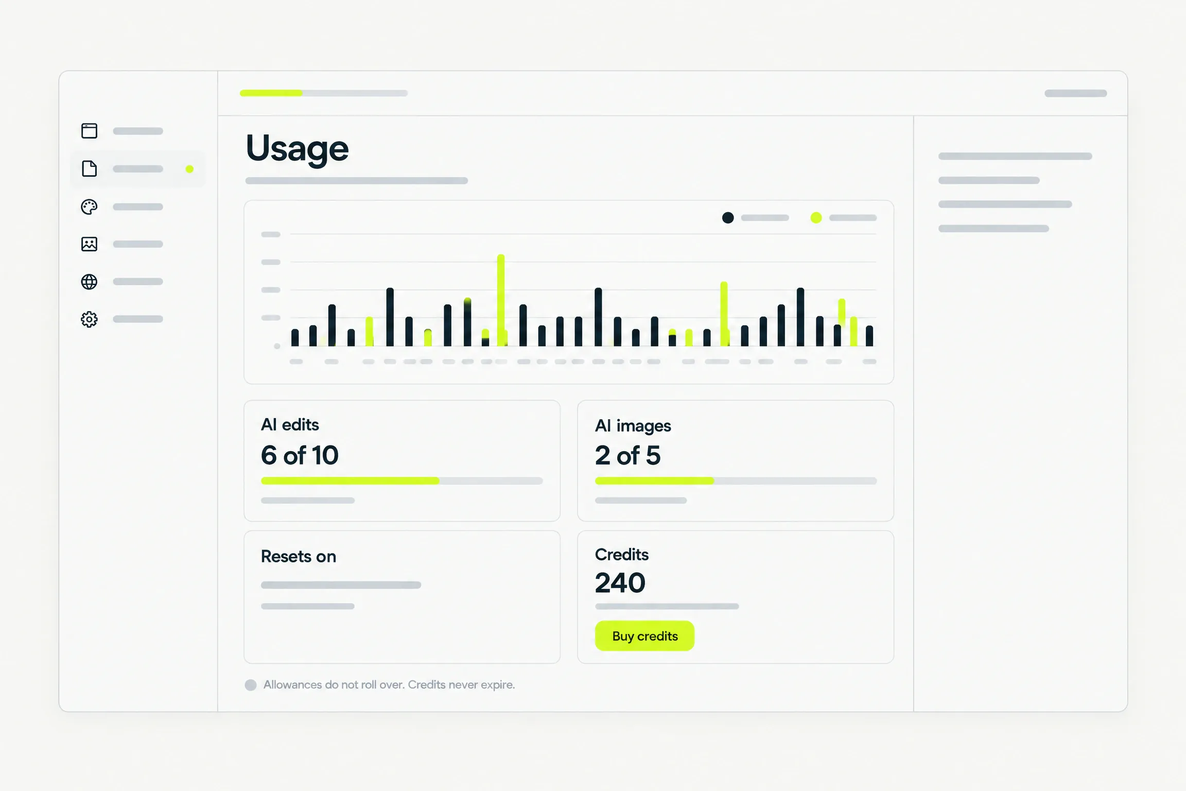 The Usage screen: a 30-day chart of AI edits and images, allowances, the reset date and a credits balance