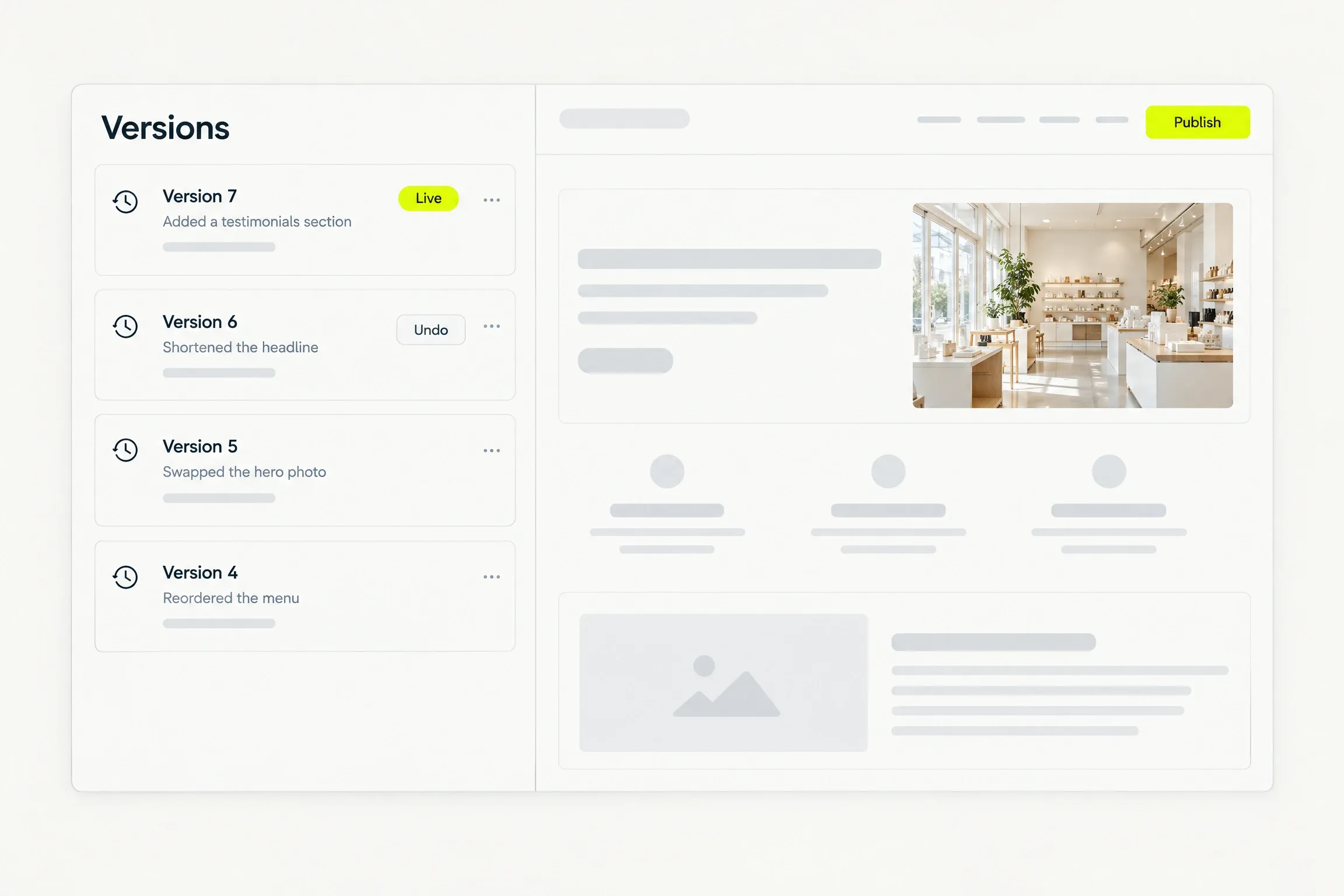A Versions list: Version 7 live, Version 6 with an Undo button, Version 5 and Version 4, beside the site preview