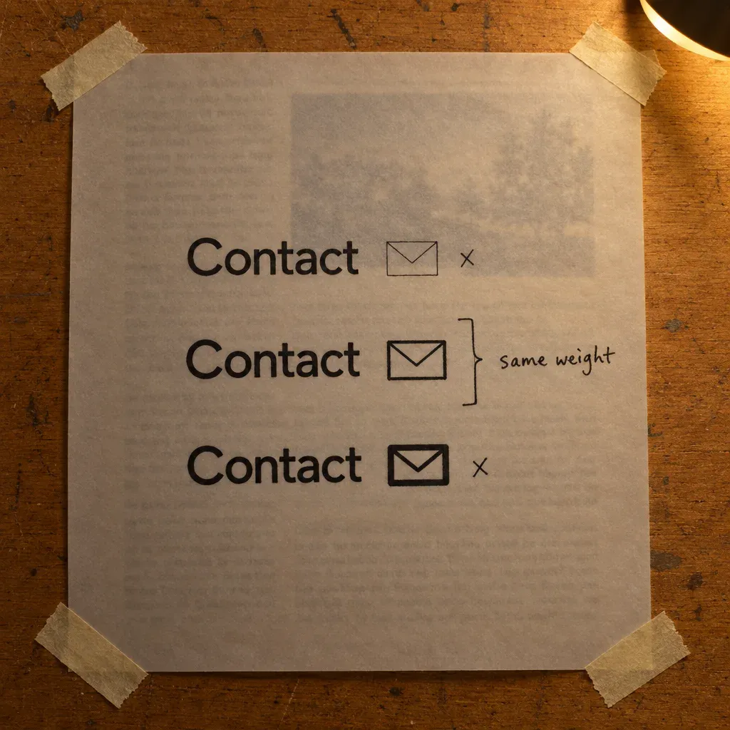 The word Contact printed three times on vellum, each with an envelope icon at a different stroke, the middle pair bracketed in ink and marked same weight