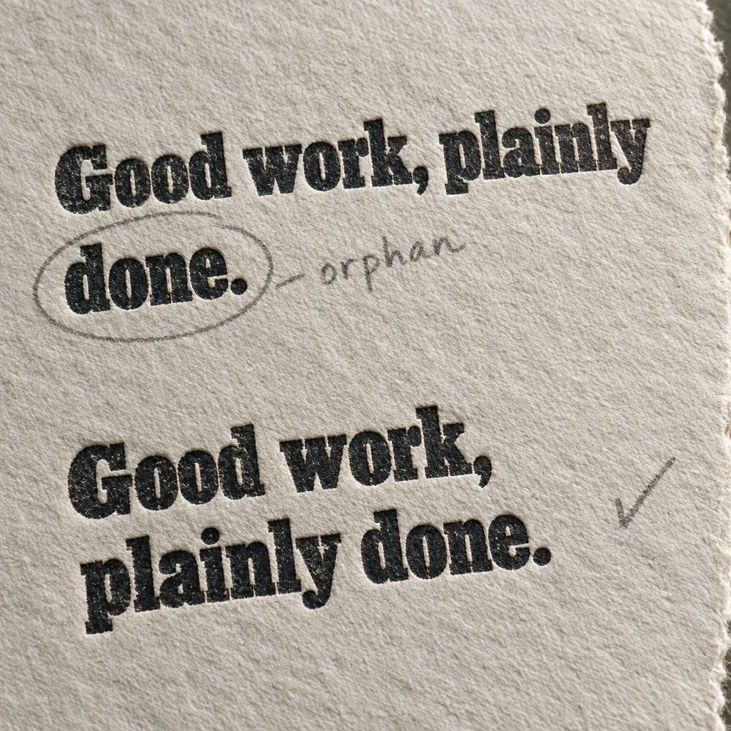 A letterpress proof of the headline Good work, plainly done set twice, the first with the word done alone on its line circled and marked orphan, the second rebalanced and ticked